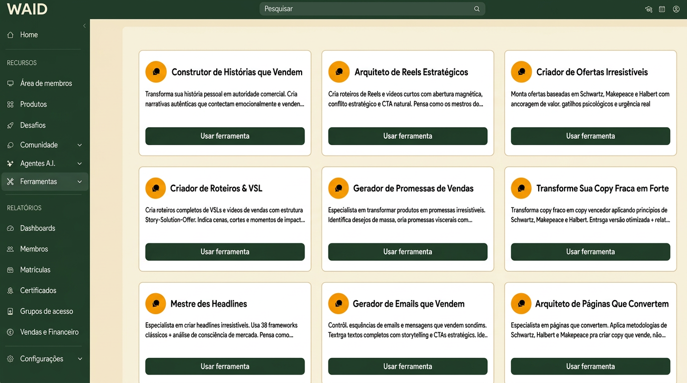 Tela real da plataforma Waid: agentes de IA e ferramentas nativas que dão velocidade e precisão ao time de marketing.